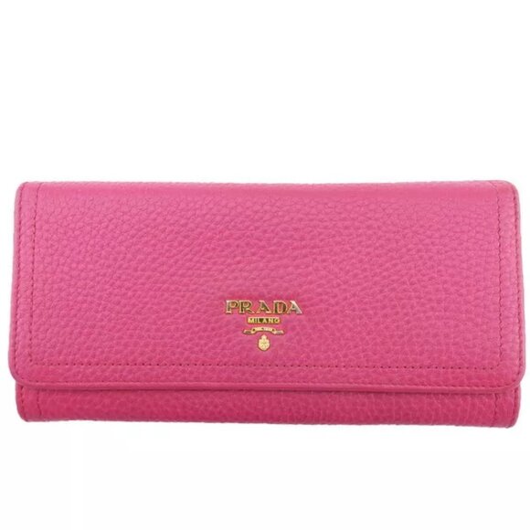 PRADA long wallet logo pink leather x gold hardware Authentic Used - Picture 1 of 9